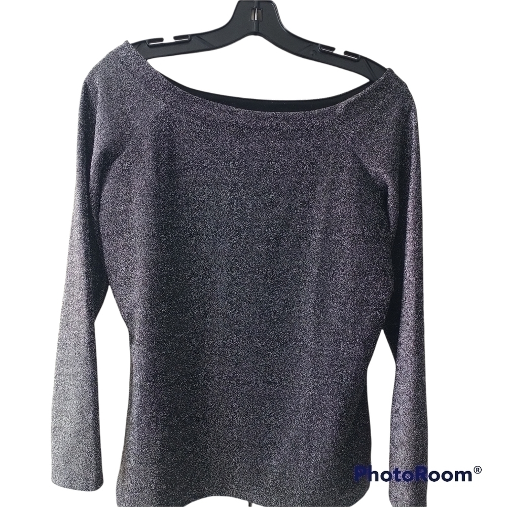 Ann Taylor Factory Black/Silver Shimmery Boat Neck Top L